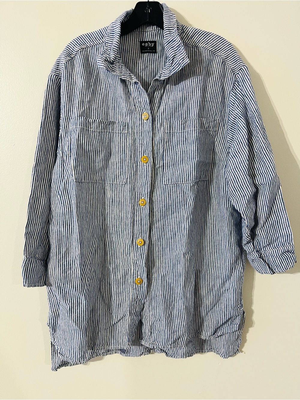 Esby Lenny Workshirt French Blue Stripe 100% Linen Top Sz S